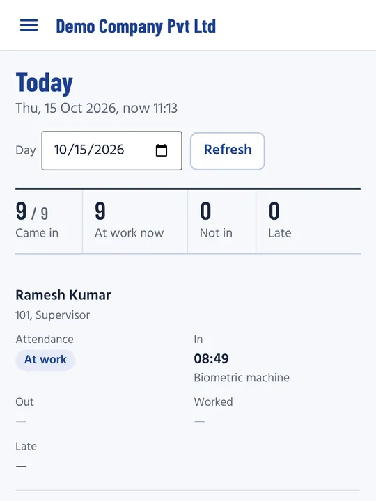 The Today page on a phone: 9 of 9 staff came in, with each person's In time from the biometric machine.